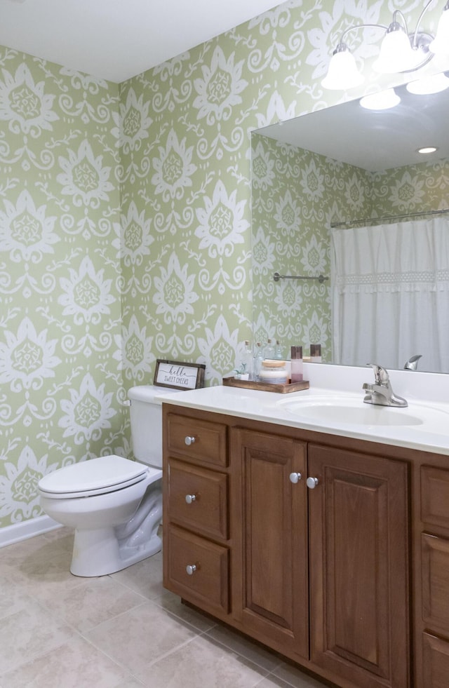 full bathroom with wallpapered walls, toilet, a shower with curtain, tile patterned flooring, and vanity