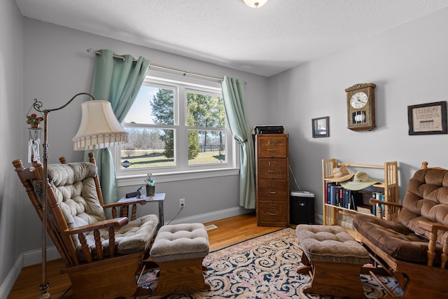 living area featuring baseboards, a textured ceiling, and light wood finished floors