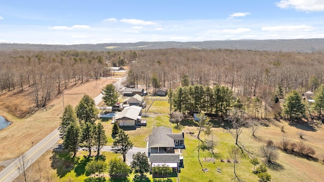 bird's eye view featuring a wooded view