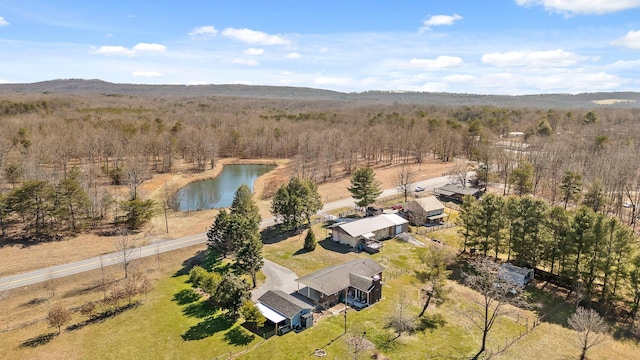 birds eye view of property with a water view and a forest view