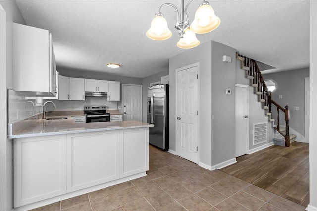 kitchen featuring appliances with stainless steel finishes, kitchen peninsula, white cabinetry, pendant lighting, and sink