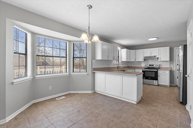 kitchen featuring sink, appliances with stainless steel finishes, decorative light fixtures, white cabinetry, and kitchen peninsula