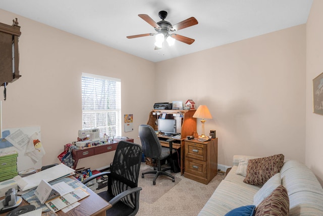 office featuring ceiling fan and carpet flooring