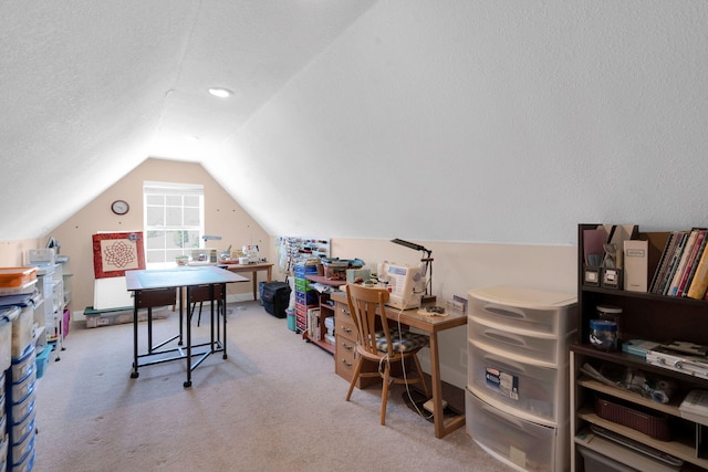 office space with carpet floors, vaulted ceiling, and a textured ceiling