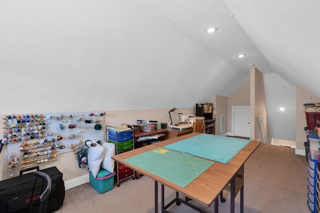 recreation room with carpet, lofted ceiling, baseboards, and recessed lighting