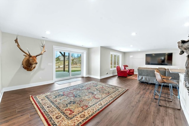 living room with dark hardwood / wood-style flooring