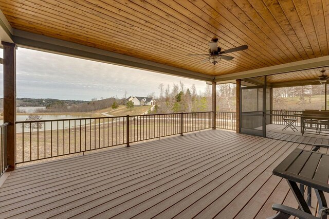 wooden terrace with a water view and ceiling fan