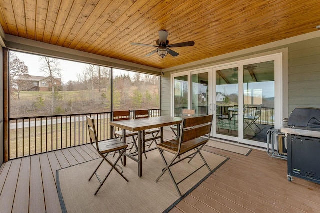 sunroom featuring ceiling fan and wooden ceiling