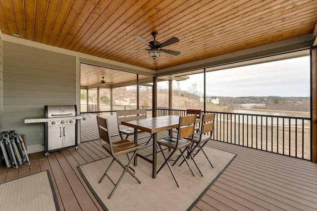 sunroom featuring ceiling fan and wooden ceiling