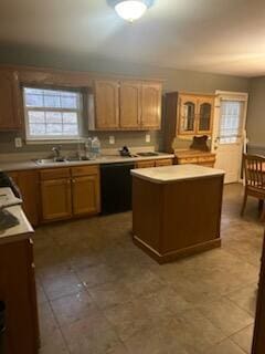 kitchen with sink, a kitchen island, and dishwasher