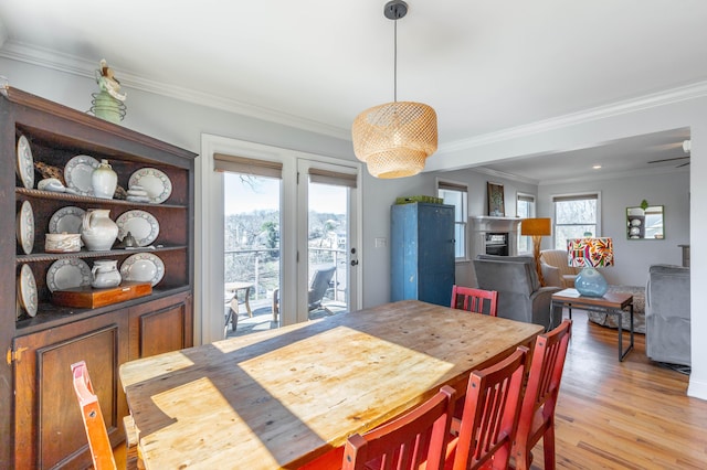 dining area with a fireplace, crown molding, and light wood-style floors