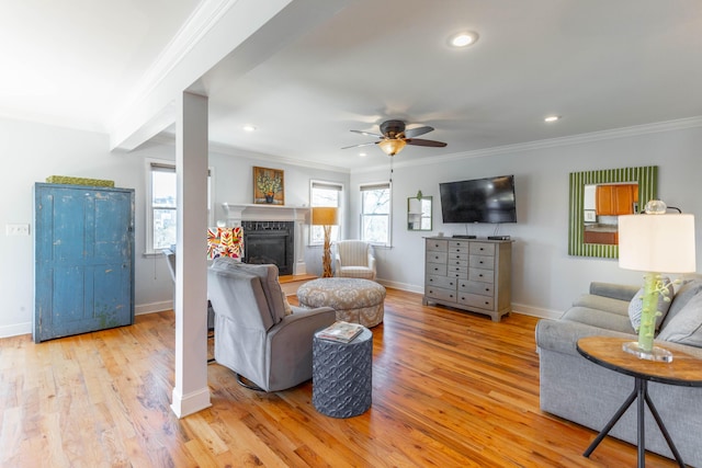 living room with a glass covered fireplace, light wood-type flooring, a ceiling fan, and ornamental molding