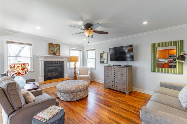 living area featuring a ceiling fan, wood finished floors, baseboards, and ornamental molding