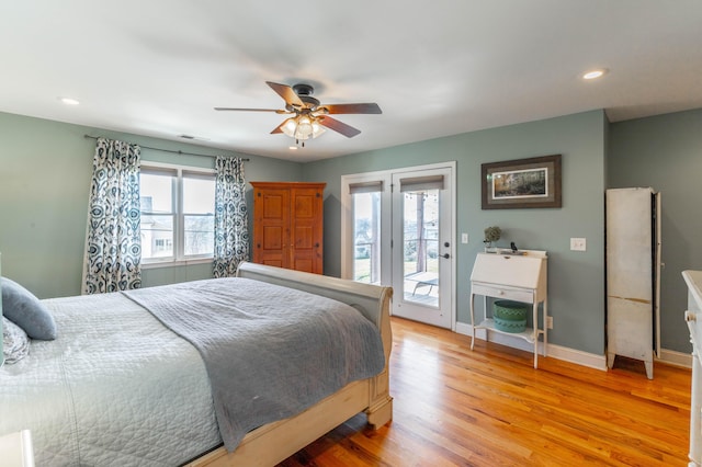 bedroom with visible vents, baseboards, recessed lighting, light wood-style flooring, and access to outside