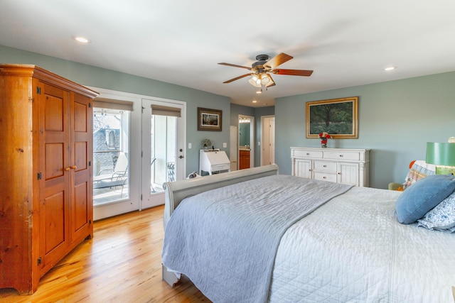 bedroom with recessed lighting, light wood-type flooring, access to exterior, and ceiling fan