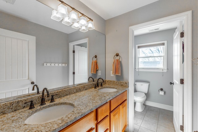 bathroom with tile patterned floors, visible vents, toilet, and a sink