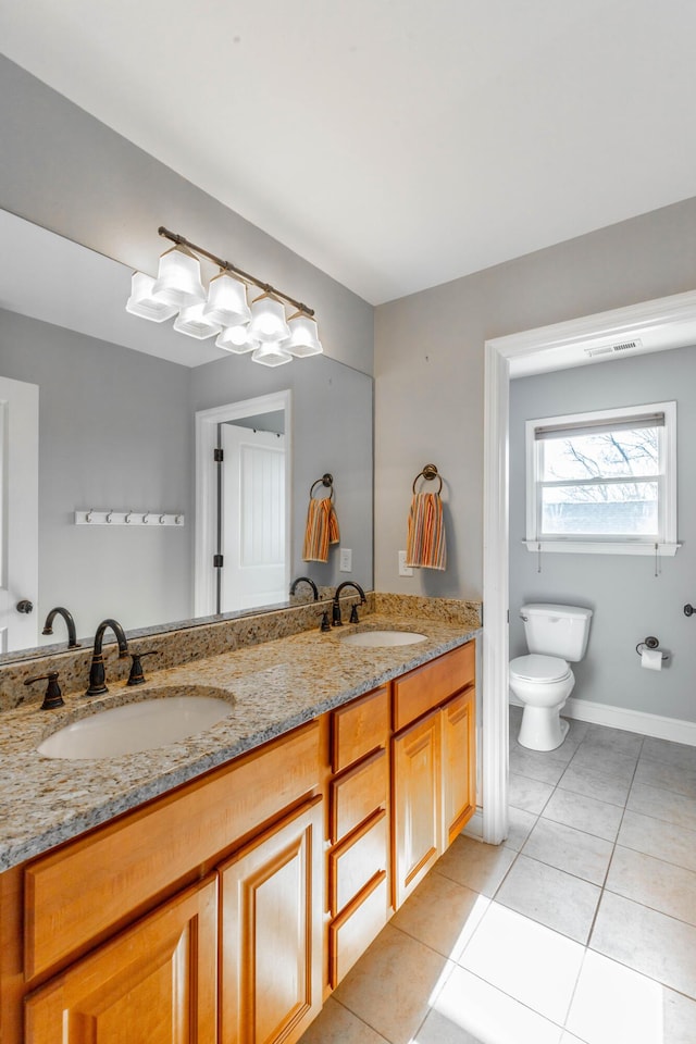 full bathroom with a sink, visible vents, toilet, and tile patterned floors