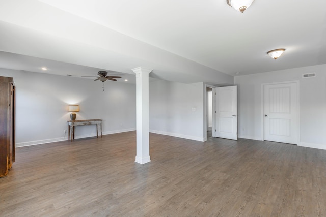 basement with visible vents, baseboards, recessed lighting, wood finished floors, and a ceiling fan