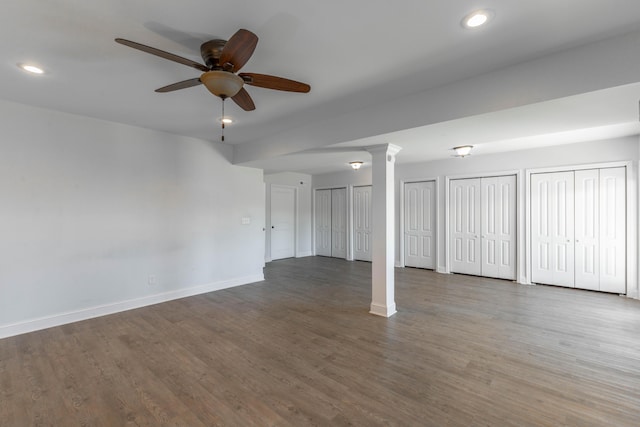 interior space featuring recessed lighting, baseboards, wood finished floors, and ceiling fan