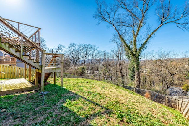 view of yard featuring stairway, a wooden deck, and a fenced backyard