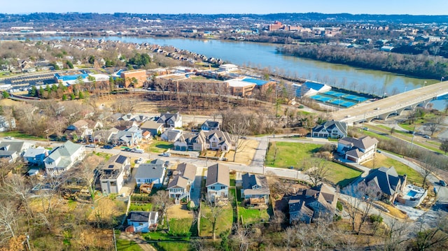 bird's eye view featuring a residential view and a water view