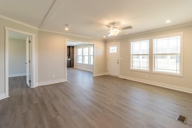 79 Bear Oak Dr, Dunlap, TN 37327 - unfurnished living room featuring a ceiling fan, crown molding, recessed lighting, baseboards, and dark wood-style floors