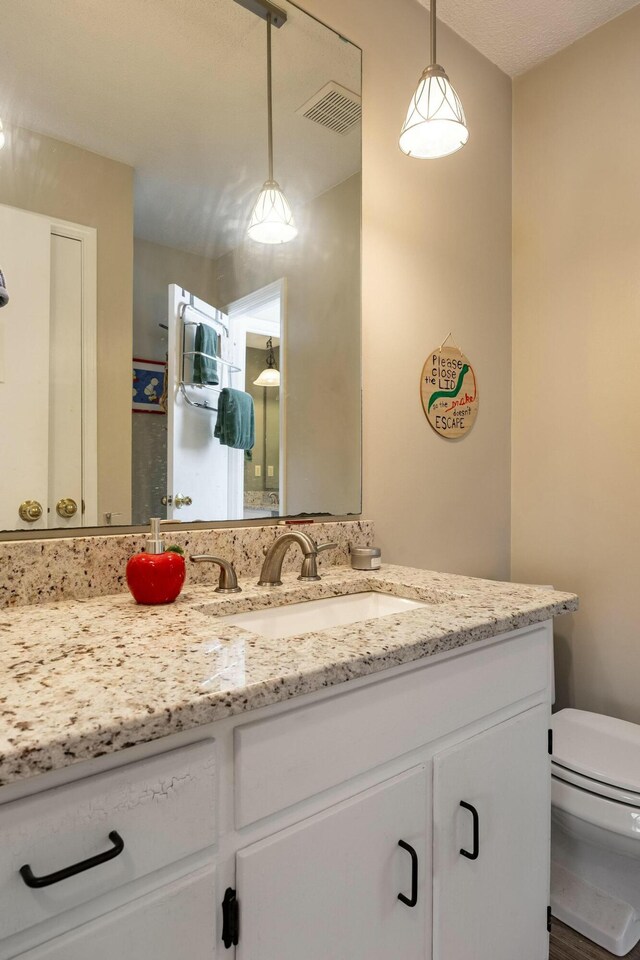 bathroom with toilet, visible vents, and vanity