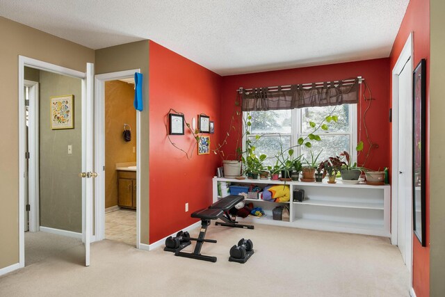 exercise room featuring a textured ceiling, light carpet, and baseboards