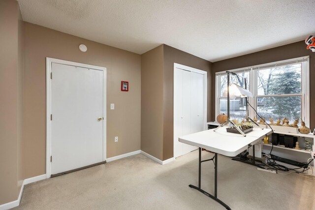 office area featuring baseboards, a textured ceiling, and light colored carpet