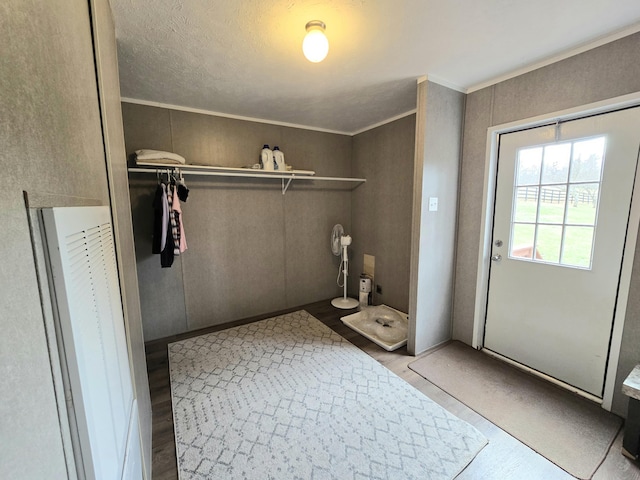 bathroom featuring ornamental molding, a spacious closet, and wood finished floors