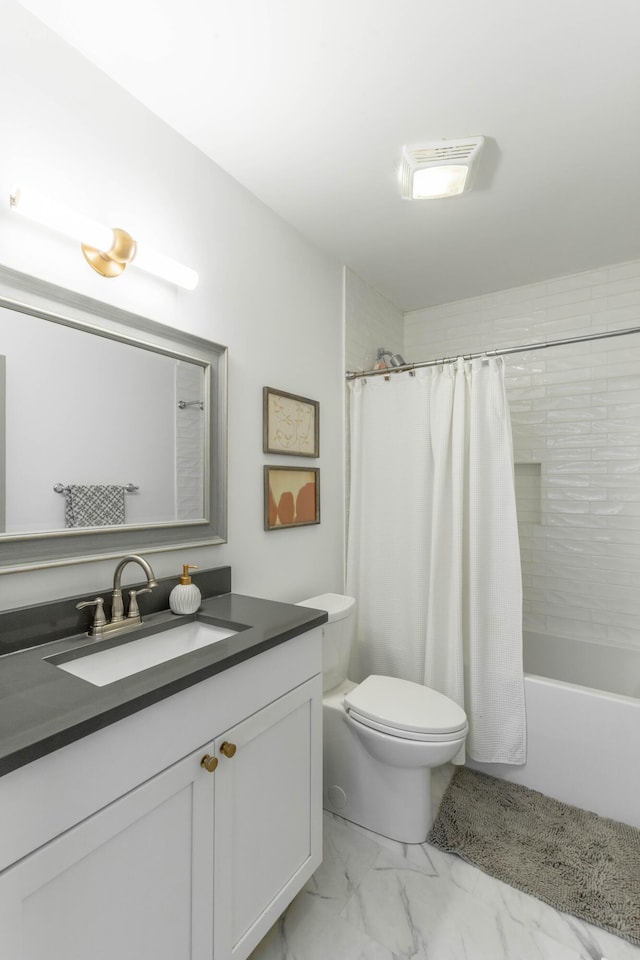 bathroom with visible vents, toilet, marble finish floor, shower / bath combo with shower curtain, and vanity