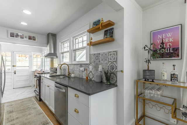 kitchen featuring dark countertops, appliances with stainless steel finishes, a sink, extractor fan, and backsplash