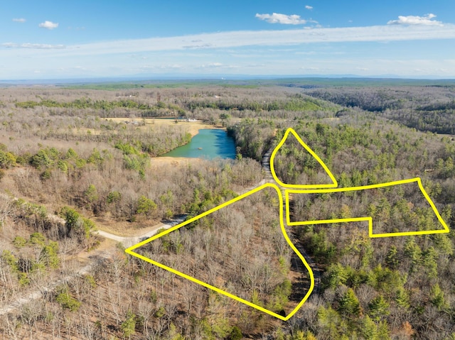 birds eye view of property featuring a forest view and a water view