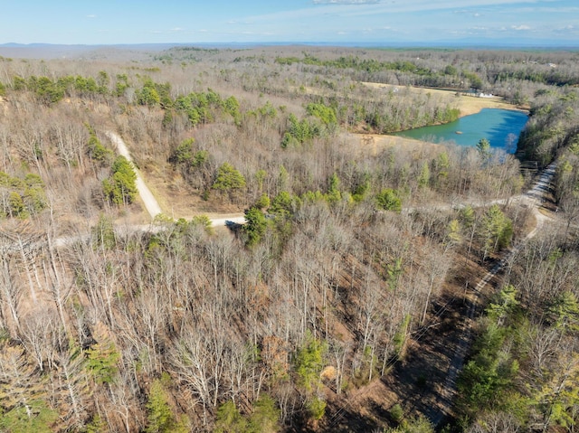 birds eye view of property with a water view and a wooded view