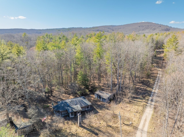 drone / aerial view featuring a mountain view and a wooded view