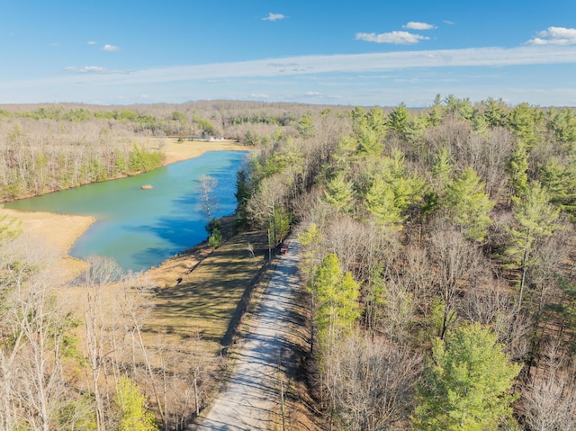 bird's eye view featuring a view of trees and a water view