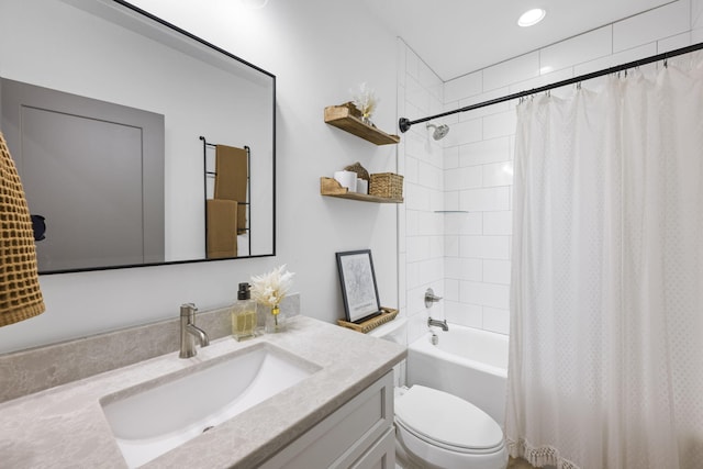 full bathroom with vanity, toilet, and shower / bathtub combination with curtain