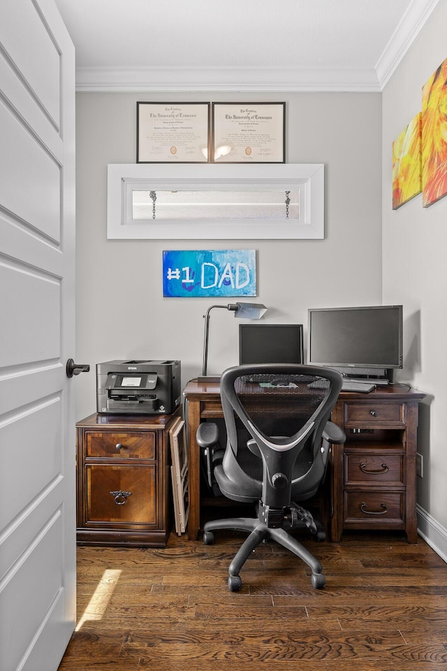 office featuring dark wood finished floors and crown molding