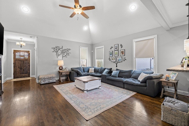 living room with a healthy amount of sunlight, baseboards, dark wood-style flooring, and ceiling fan with notable chandelier