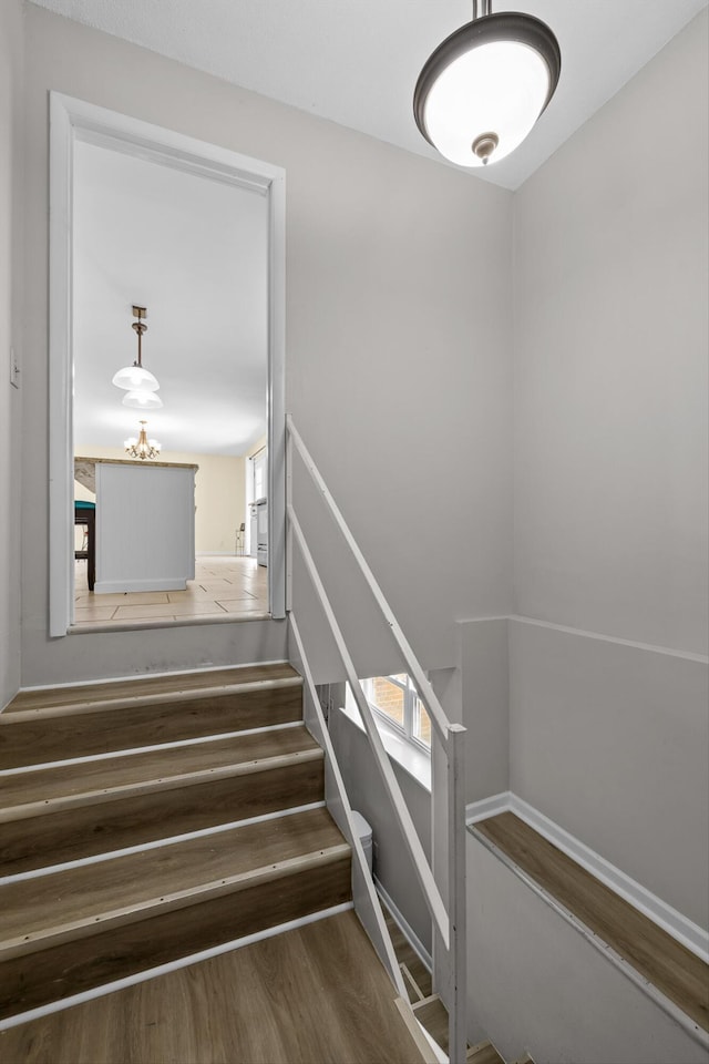 stairs featuring wood finished floors