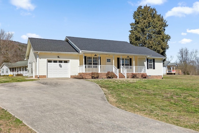 single story home featuring a front yard, driveway, a porch, a garage, and crawl space