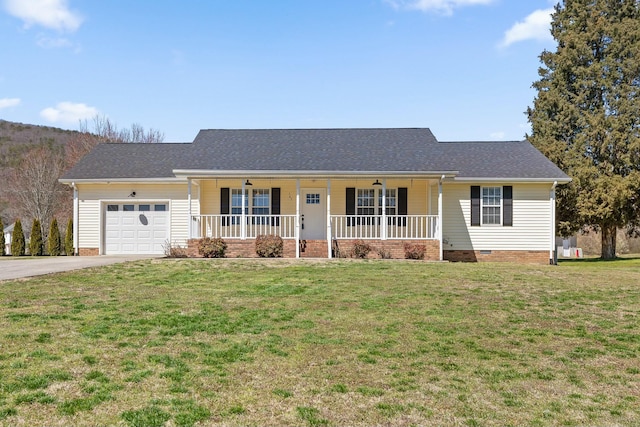 single story home featuring a porch, a garage, roof with shingles, and crawl space