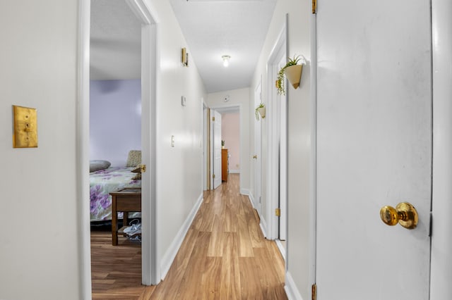 hall with a textured ceiling and light hardwood / wood-style floors