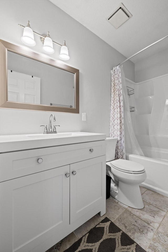 bathroom with shower / bath combination with curtain, visible vents, vanity, and toilet