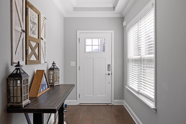 foyer featuring dark wood-style floors, ornamental molding, and baseboards