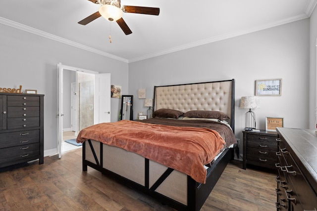 bedroom featuring a ceiling fan, baseboards, ornamental molding, and dark wood-style flooring