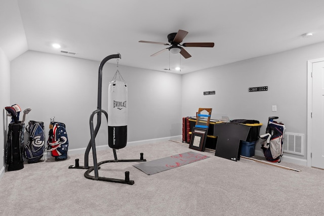 workout room with ceiling fan, carpet floors, visible vents, and baseboards