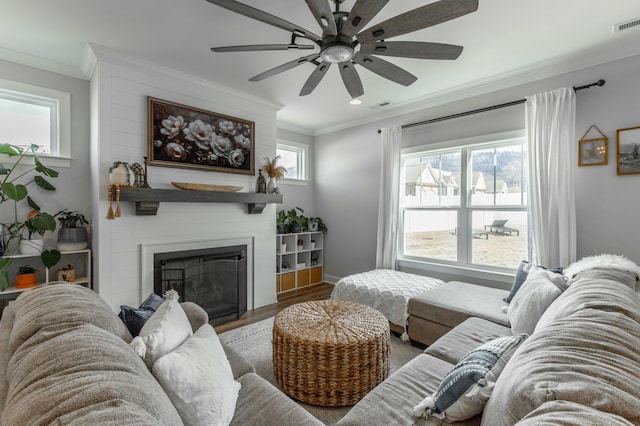 living room with a large fireplace, wood finished floors, visible vents, a ceiling fan, and ornamental molding