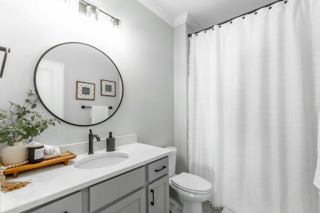 full bathroom with toilet, crown molding, and vanity