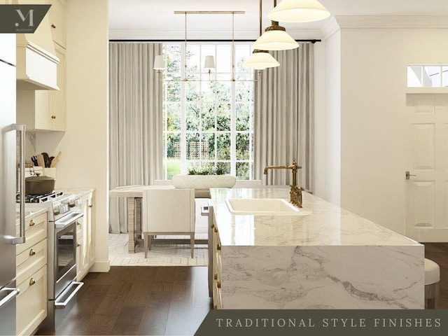 kitchen featuring dark wood-style floors, stainless steel range with gas cooktop, crown molding, white cabinetry, and a sink